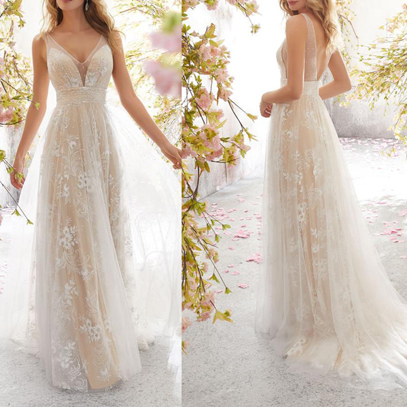 New Wedding Dress Sexy B-neck Sleeveless Lace Wedding Dress