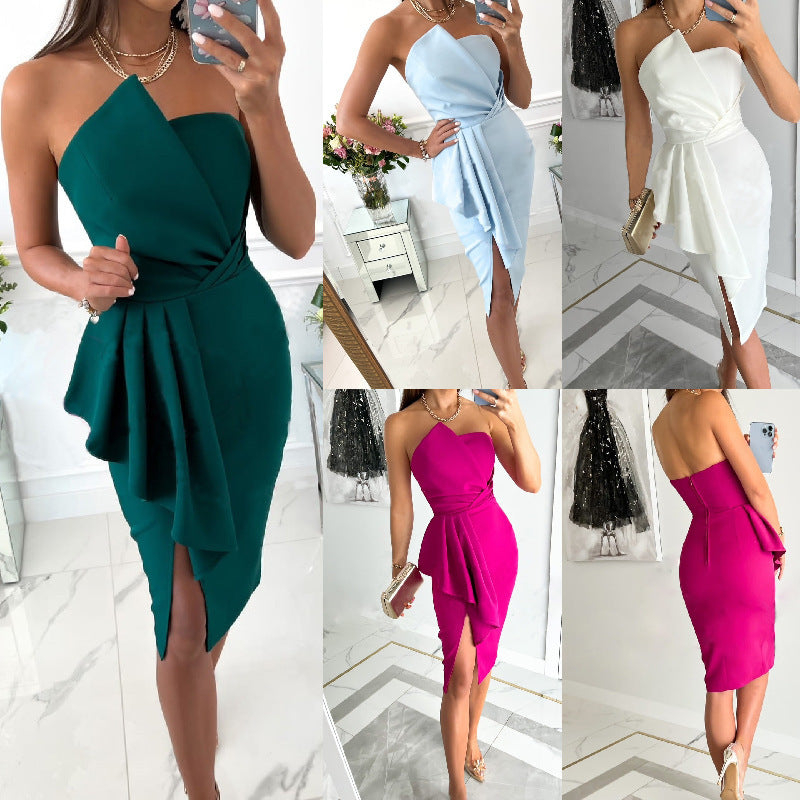 Sexy Temperament Women&#039;s Clothing Wrapped Chest Irregular Skirt Slit Nightclub Party Dress