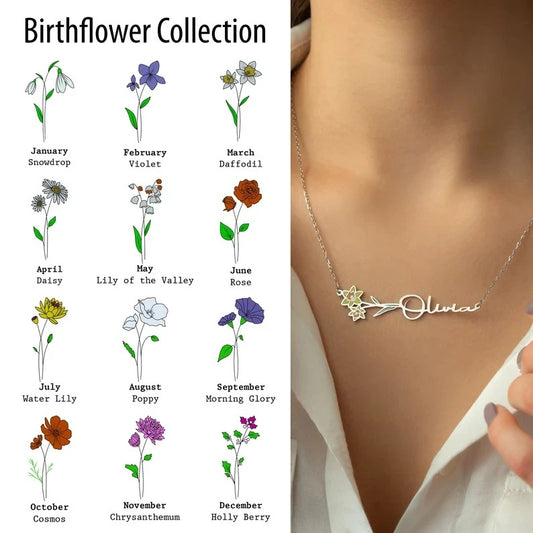 Colored Stainless Steel English Name Necklace Christmas Gift Personalized December Oil Drop Birthday Flower Necklace