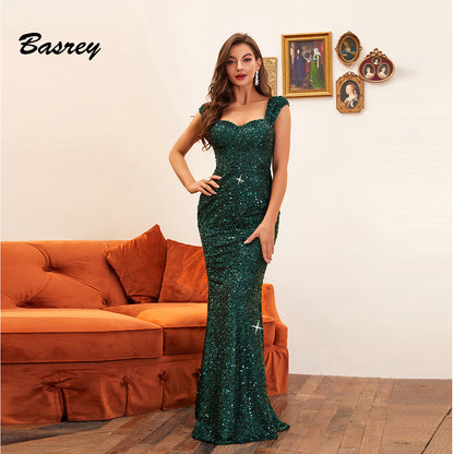 High-quality Sequin Temperament Green Sling Mid-waist Party Evening Dress Long Mopping Dress