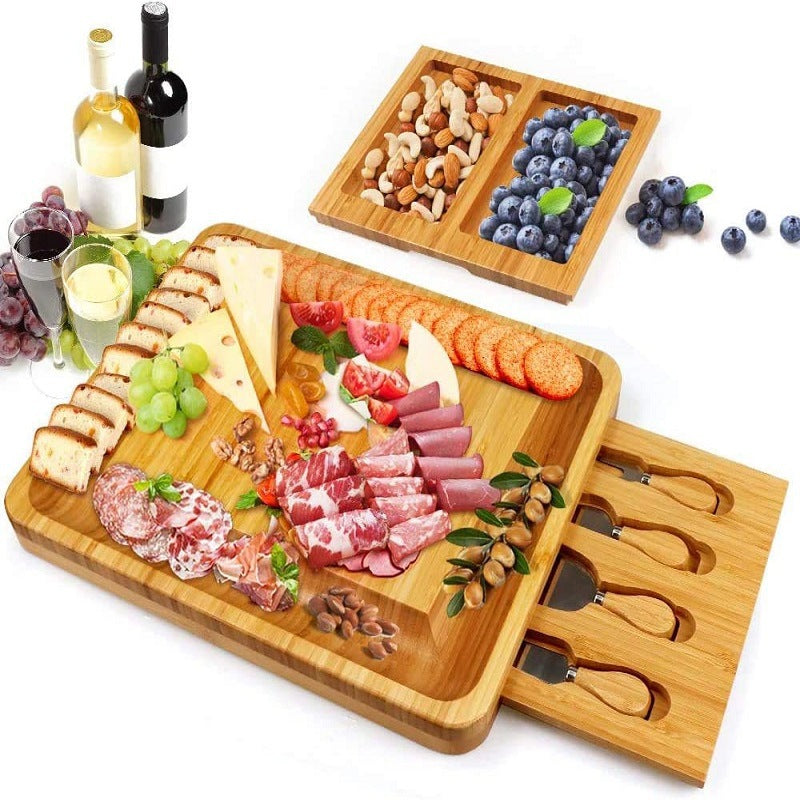 Natural Bamboo Cheese Board And Cutter Suit With Cheese Tool Cheese Plate Cheese Board Chopping Board With Four Knives